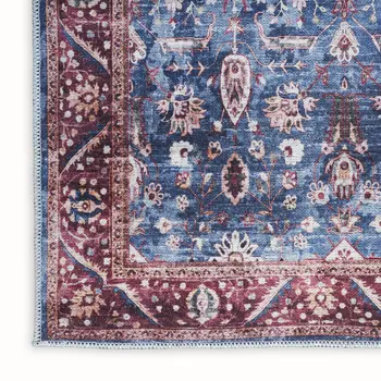 6' Blue and Red Oriental Power Loom Distressed Washable Non Skid Runner Rug