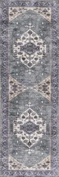 6' Beige Blue And Gray Oriental Distressed Washable Runner Rug