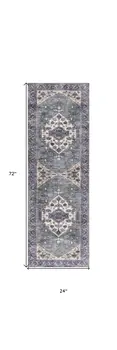 6' Beige Blue And Gray Oriental Distressed Washable Runner Rug