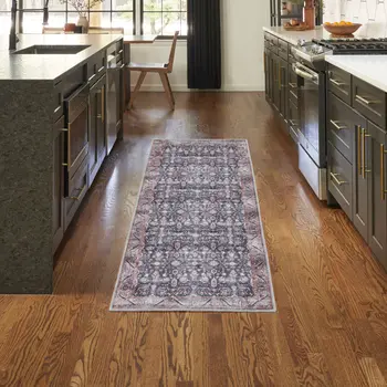 6' Blue and Ivory Oriental Power Loom Distressed Washable Non Skid Runner Rug
