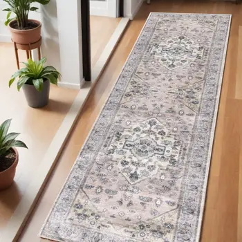 6' Pink And Blue Oriental Distressed Washable Runner Rug