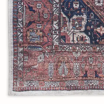 8' X 10' Red and Ivory Oriental Power Loom Distressed Washable Non Skid Area Rug