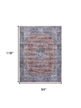 8' X 10' Blue and Red Oriental Power Loom Distressed Washable Non Skid Area Rug