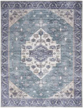 8' X 10' Blue and Green Oriental Power Loom Distressed Washable Non Skid Area Rug
