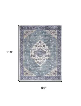 8' X 10' Blue and Green Oriental Power Loom Distressed Washable Non Skid Area Rug
