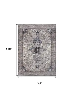 8' X 10' Ivory and Blue Oriental Power Loom Distressed Washable Non Skid Area Rug