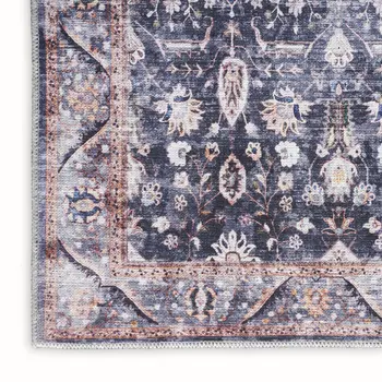 8' X 10' Blue and Ivory Oriental Power Loom Distressed Washable Non Skid Area Rug