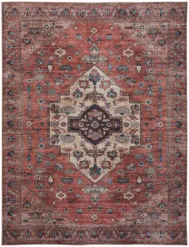 9' X 12' Red And Ivory Oriental Distressed Washable Area Rug