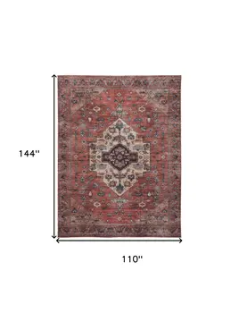 9' X 12' Red And Ivory Oriental Distressed Washable Area Rug