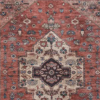 9' X 12' Red And Ivory Oriental Distressed Washable Area Rug
