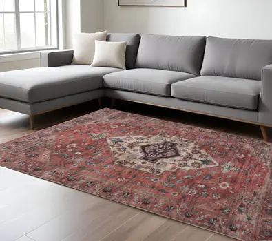 9' X 12' Red And Ivory Oriental Distressed Washable Area Rug