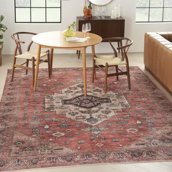 9' X 12' Red And Ivory Medallion Distressed Washable Area Rug
