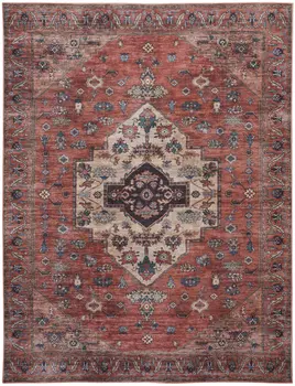 9' X 12' Red And Ivory Medallion Distressed Washable Area Rug