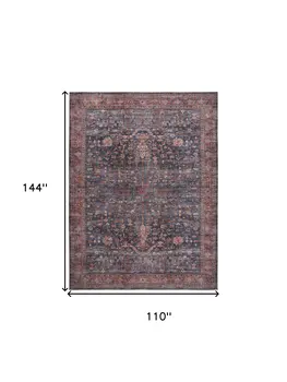 9' X 12' Blue and Red Oriental Power Loom Distressed Washable Non Skid Area Rug