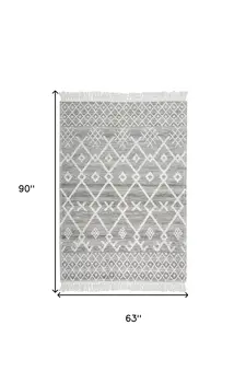 5' X 8' Gray and Ivory Geometric Hand Woven Area Rug With Fringe