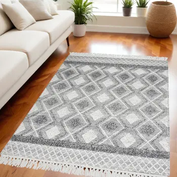 5' X 8' Gray and Ivory Geometric Flatweave Handmade Area Rug With Fringe