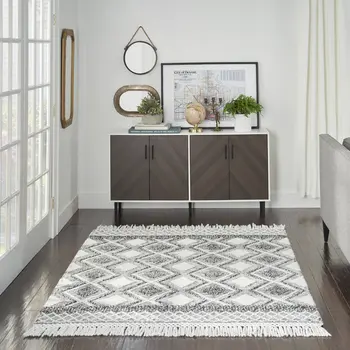5' X 8' Teal Ivory And Gray Floral Medallion Flatweave Handmade Area Rug With Fringe