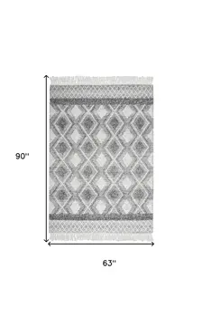 5' X 8' Gray and Ivory Geometric Flatweave Handmade Area Rug With Fringe