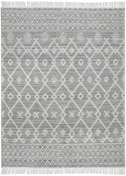 8' X 11' Gray and Ivory Geometric Hand Woven Area Rug With Fringe