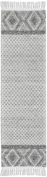 8' Gray and Ivory Geometric Hand Woven Runner Rug With Fringe