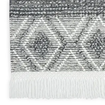 8' Gray and Ivory Geometric Hand Woven Runner Rug With Fringe