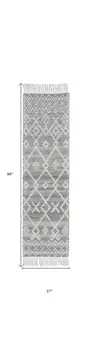 8' Gray and Ivory Geometric Hand Woven Runner Rug With Fringe