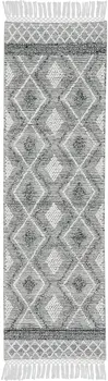 8' Gray and Ivory Geometric Hand Woven Runner Rug With Fringe