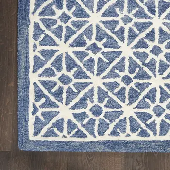 5' X 7' Blue and Off White Geometric Hand Tufted Area Rug
