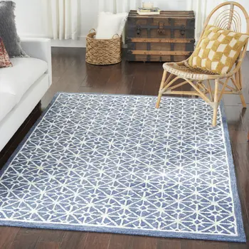 5' X 7' Blue and Off White Geometric Hand Tufted Area Rug
