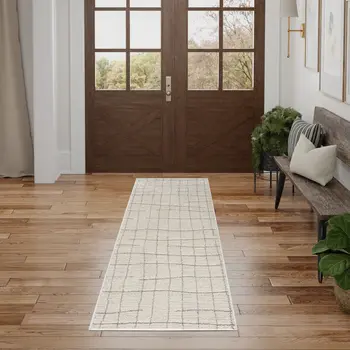 8' Gray And Ivory Abstract Runner Rug