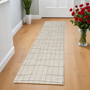 8' Gray And Ivory Abstract Runner Rug