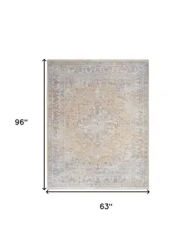 5' X 8' Gray and Gold Oriental Power Loom Distressed Area Rug With Fringe