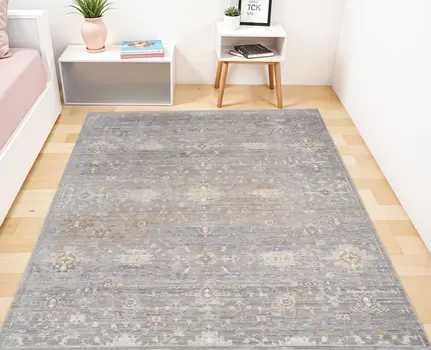 8' X 10' Ivory Blue and Gray Oriental Power Loom Distressed Area Rug With Fringe