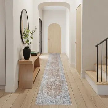 12' Brown and Blue Oriental Power Loom Distressed Runner Rug