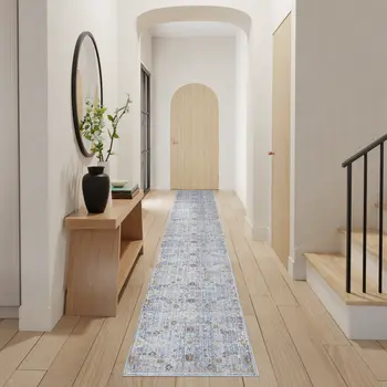 12' Blue and Ivory Oriental Power Loom Distressed Runner Rug