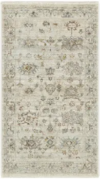3' X 5' Beige and Blue Oriental Power Loom Distressed Area Rug With Fringe