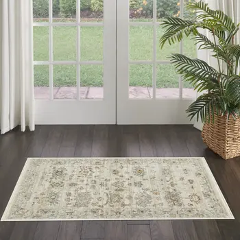 3' X 5' Beige and Blue Oriental Power Loom Distressed Area Rug With Fringe