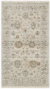 3' X 5' Beige and Ivory Oriental Power Loom Distressed Area Rug With Fringe