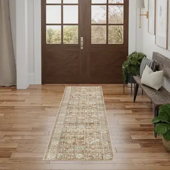 8' Orange And Ivory Oriental Distressed Runner Rug With Fringe