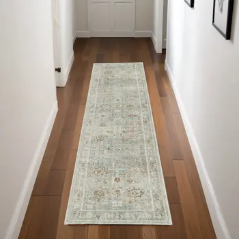 8' Blue And Ivory Oriental Distressed Runner Rug With Fringe