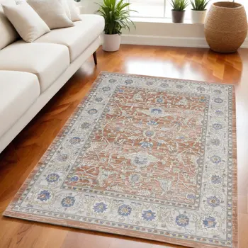 5' X 7' Gray and Red Oriental Power Loom Area Rug