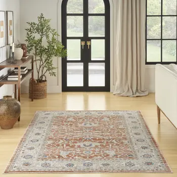 7' X 9' Gray and Red Oriental Power Loom Area Rug