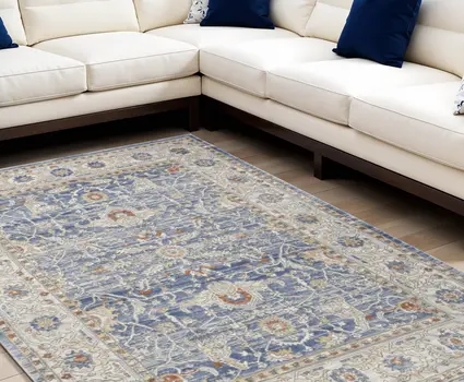 7' X 9' Blue and Gray Oriental Power Loom Area Rug
