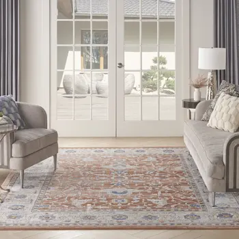 8' X 10' Gray and Red Oriental Power Loom Area Rug