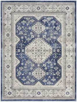 8' X 10' Ivory Blue and Gray Oriental Power Loom Area Rug