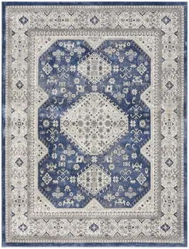 8' X 10' Ivory Blue and Gray Oriental Power Loom Area Rug