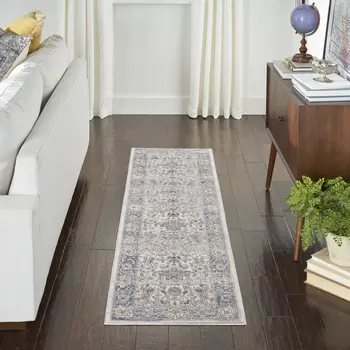 8' Blue And Ivory Oriental Runner Rug