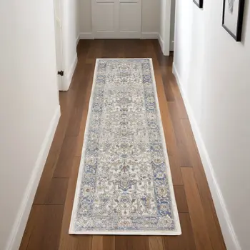 8' Blue And Ivory Oriental Runner Rug