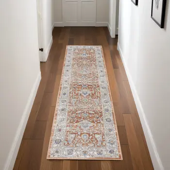 8' Gray And Red Oriental Runner Rug