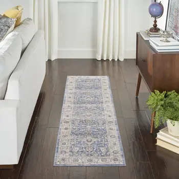 8' Blue And Gray Oriental Runner Rug